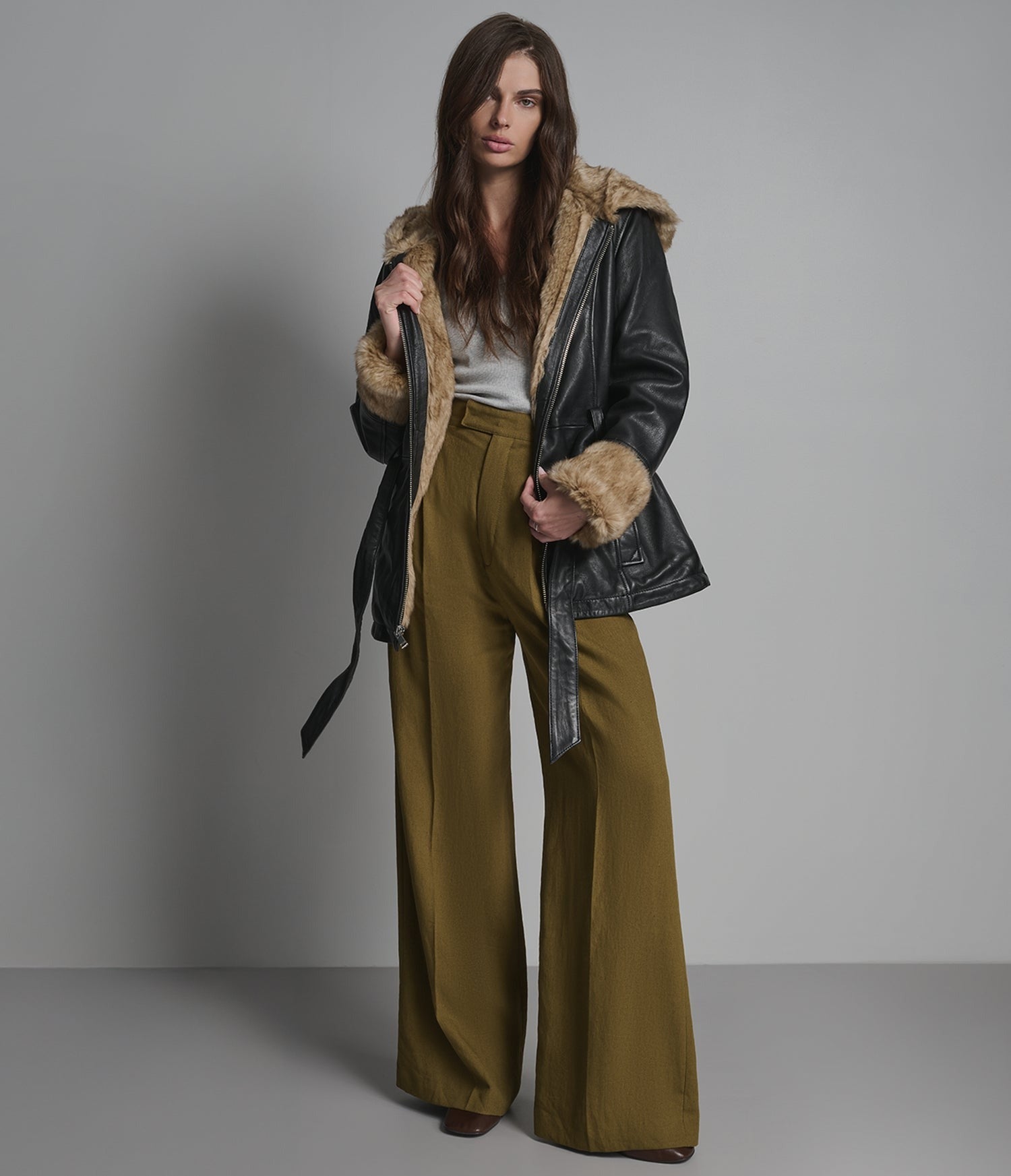 Women's Black Belted Shearling Lether Jacket With Hood - Arcane Fox