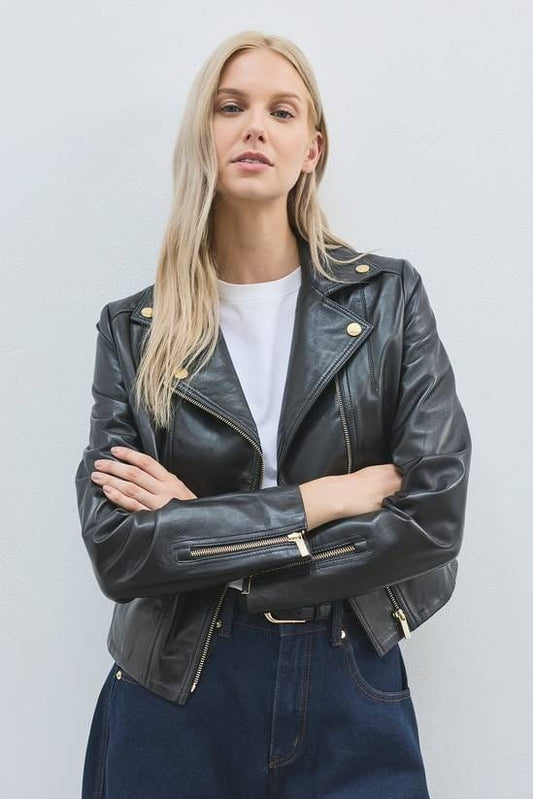 Women's Black Cafe Racer Leather Jacket - Arcane Fox