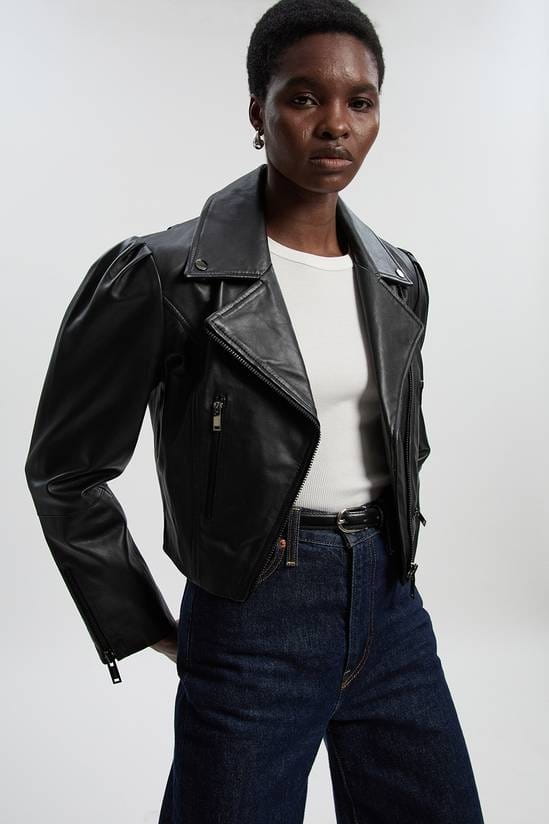 Women's Black Cropped Biker Leather Jacket - Arcane Fox