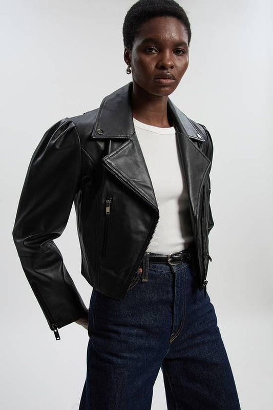 Women's Black Cropped Biker Leather Jacket - Arcane Fox