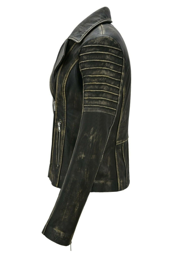 Women's Black Distressed Leather Biker Jacket