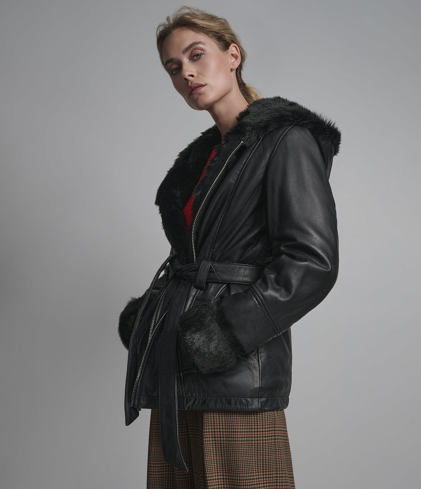 Women's Black Hooded Shearling Leather Jacket With Belted Waist - Arcane Fox 