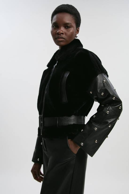 Women's Black Shearling Studded Leather Jacket With Belted Waist - Arcane Fox
