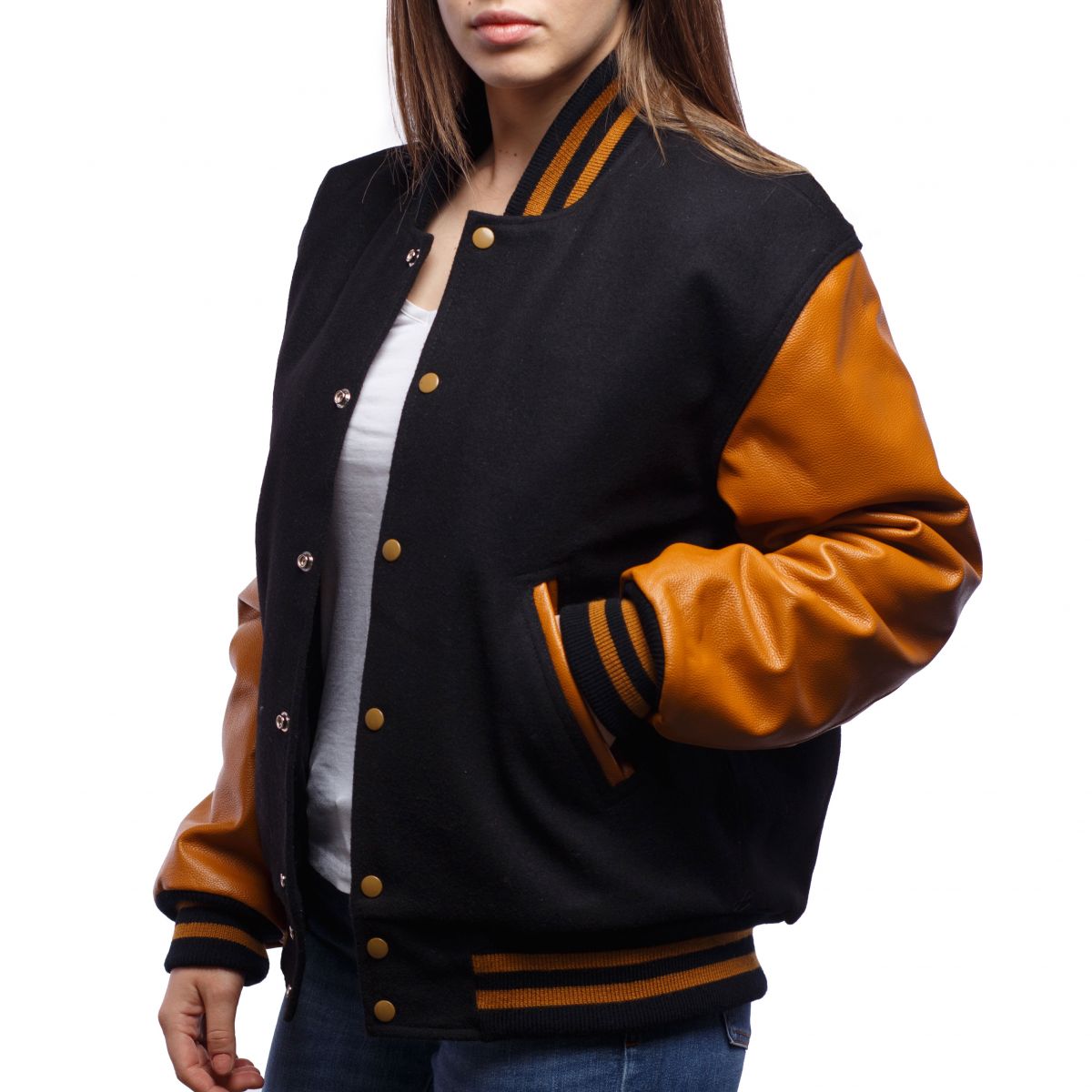 Women's Bomber Varsity Leather Jacket In Black & Brown Sleeves