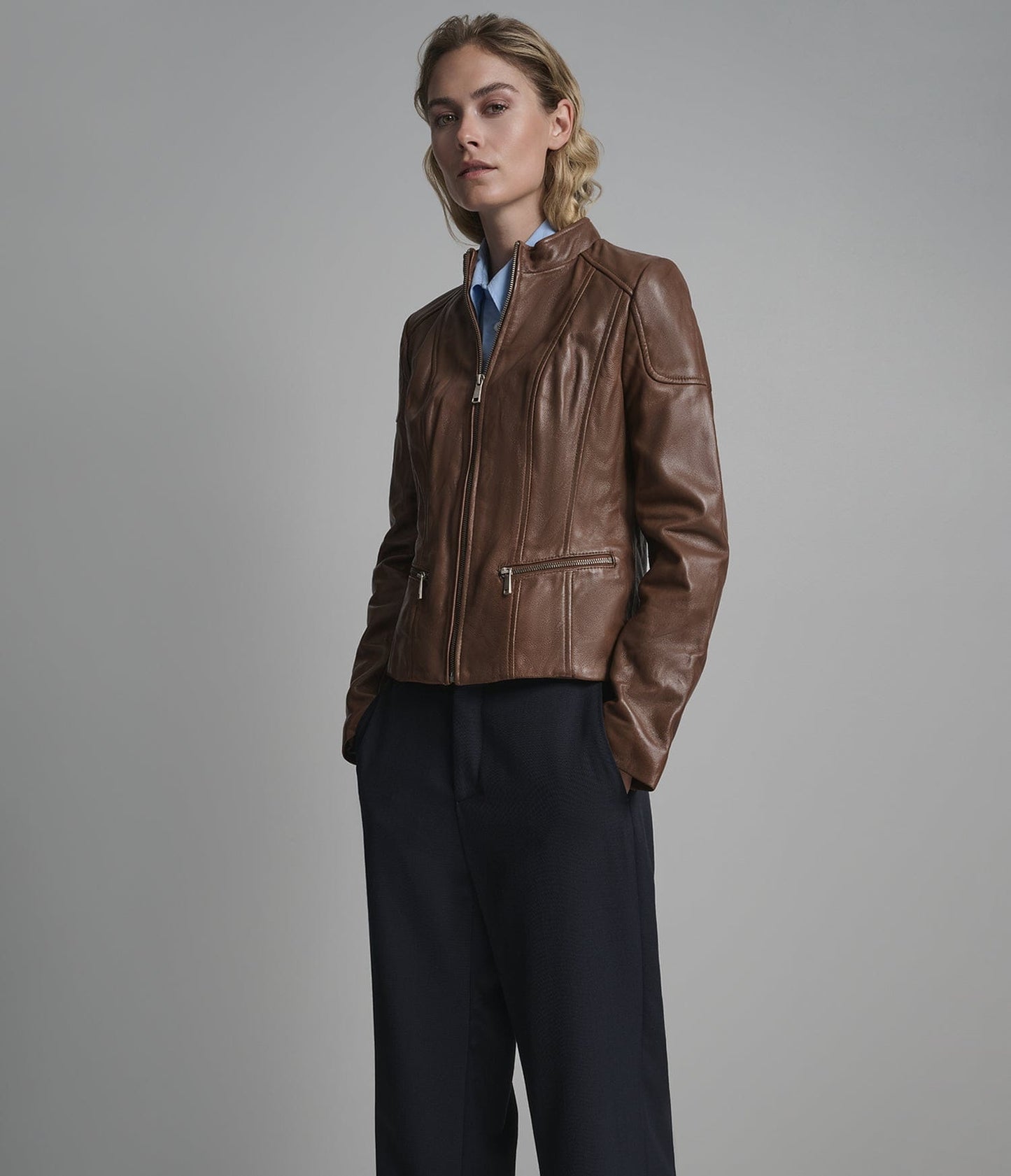 Women's Brown Biker Cafe Racer Leather Jacket - Arcane Fox