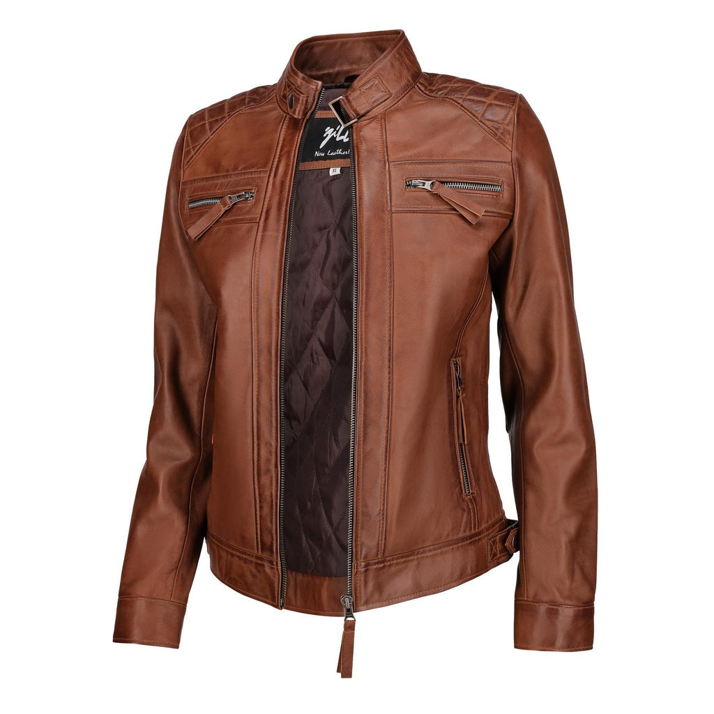 Women's Brown Cafe Racer Distressed Leather Jacket With Qulted Shoulder