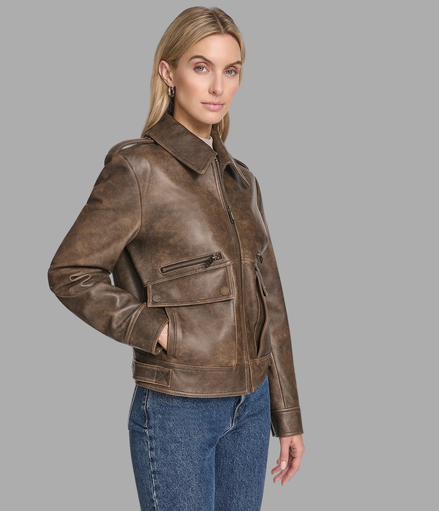 Women's Brown Harrington Distressed Leather Jacket - Arcane Fox