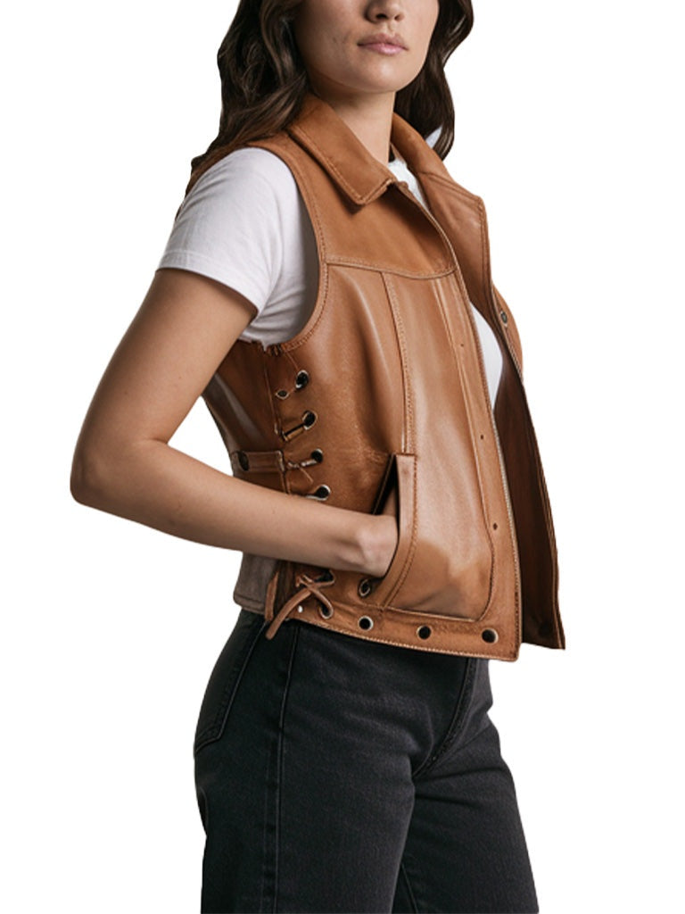 Women's Brown Leather Biker Vest