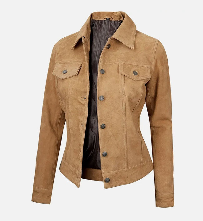 Women's Brown Suede Trucker Leather Jacket