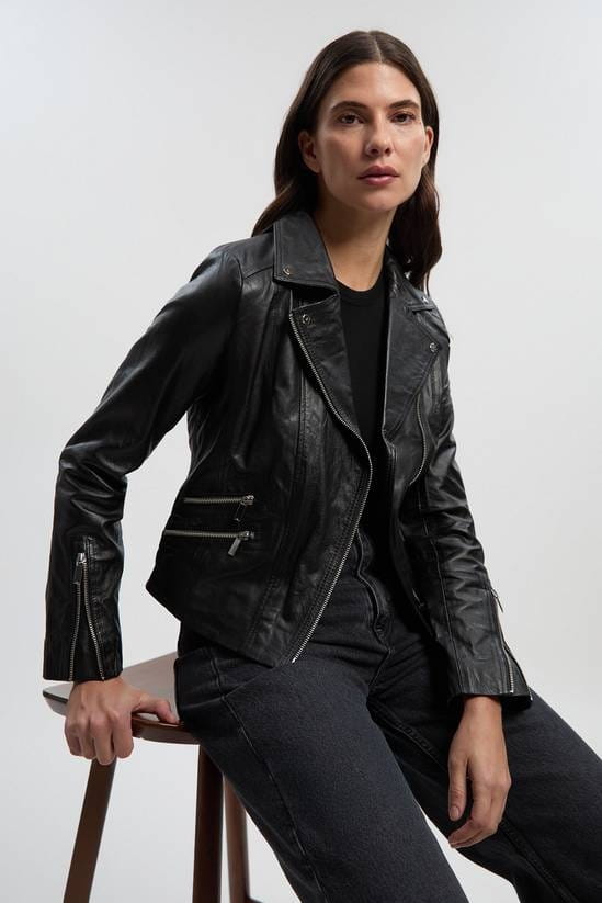 Women's Cafe Racer Biker Leather Jacket In Black - Arcane Fox