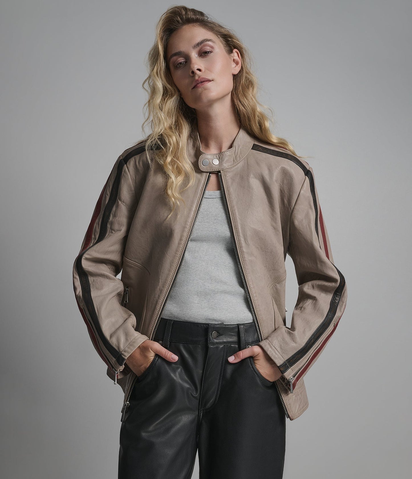 Women's Cafe Racer Leather Jacket in Beige - Arcane Fox