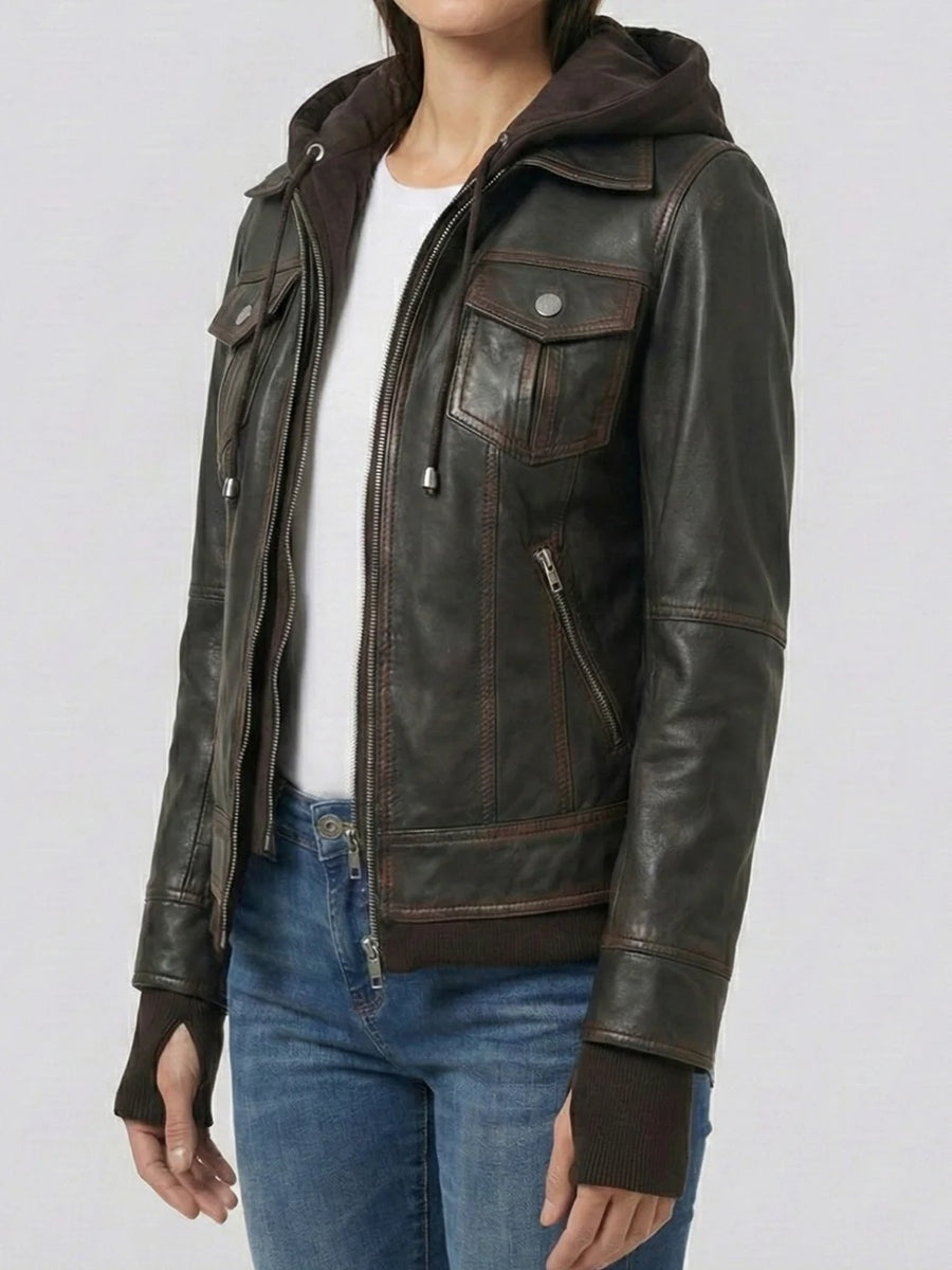 Women's Chocolate Brown Trucker Distressed Leather Jacket