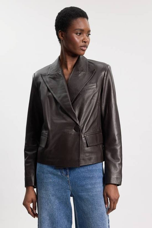 Women's Cropped Leather Blazer In Chocolate Brown - Arcane Fox