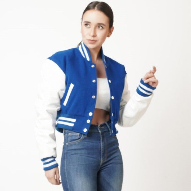Women's Cropped Letterman Leather Jacket In Blue & White Sleeves