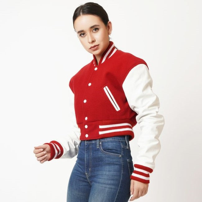 Women's Cropped Varsity Leather Jacket In Red & White Sleeves