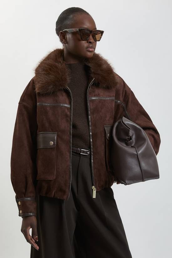Women's Dark Brown Harrington Shearling Leather Jacket - Arcane Fox