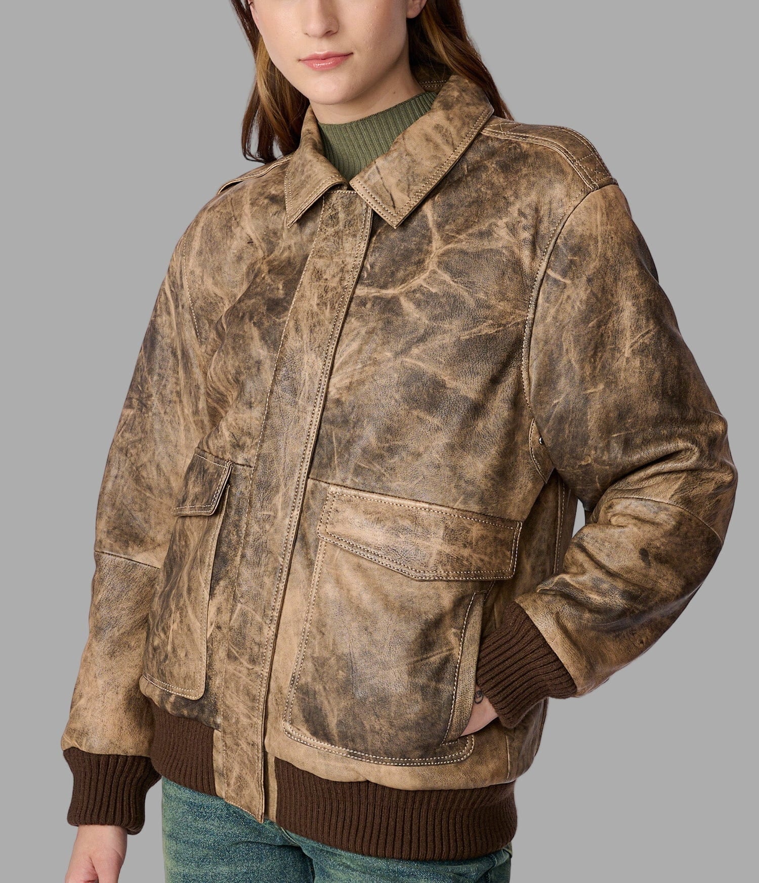 Women's Distressed Bomber Harrington Leather Jacket In Brown - Arcane Fox