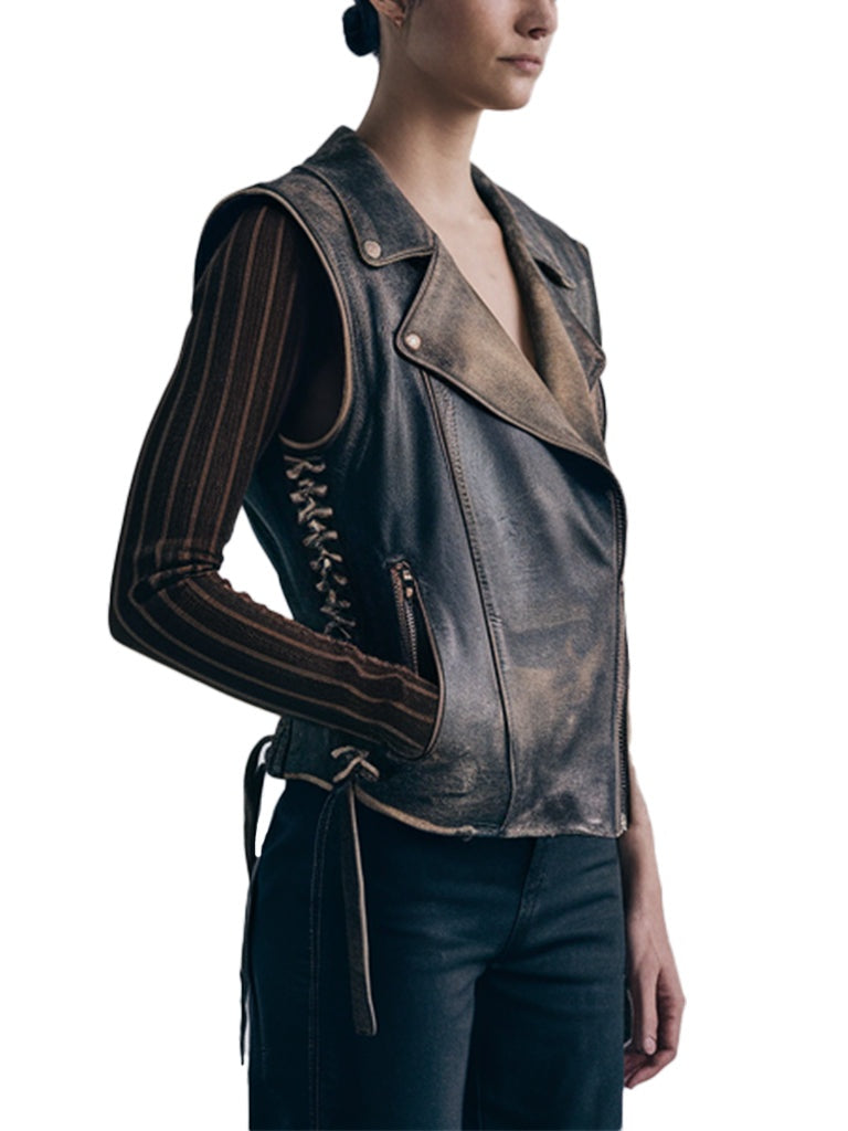 Women's Distressed Leather Vest In Black