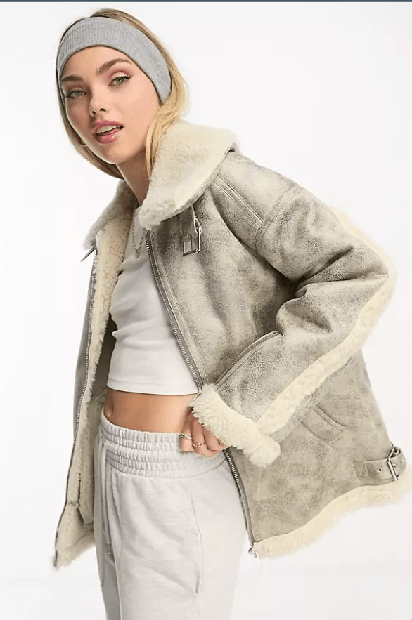 Women's Distressed Shearling Bomber Leather Jacket In White