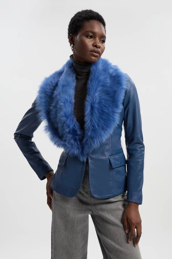 Women's Fur Leather Blazer In Blue - Arcane Fox
