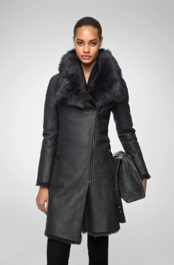 Women's Fur Shearling Leather Coat In Matte Black Arcane Fox