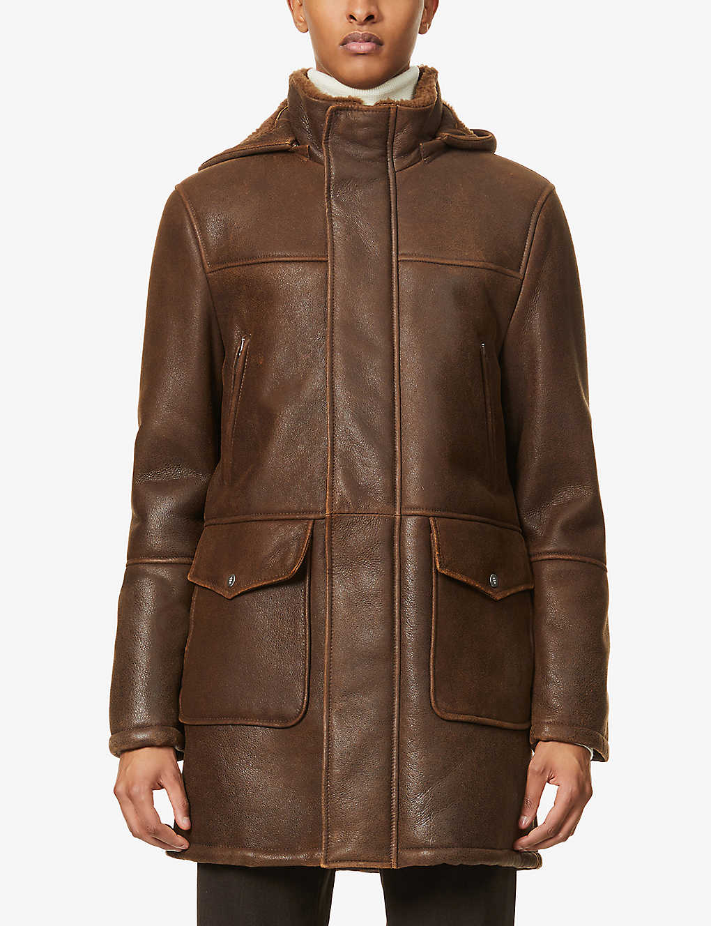 Men's Fur Sheepskin Leather Coat In Dark Brown With Removable Hood