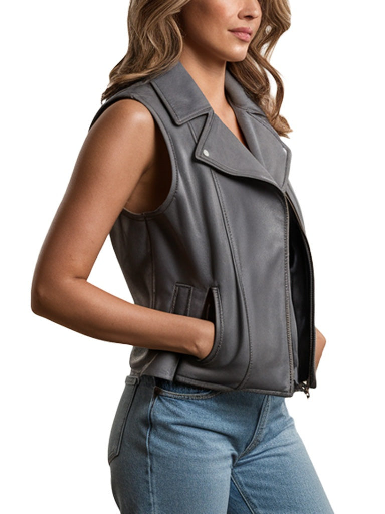Women's Gray Biker Leather Vest