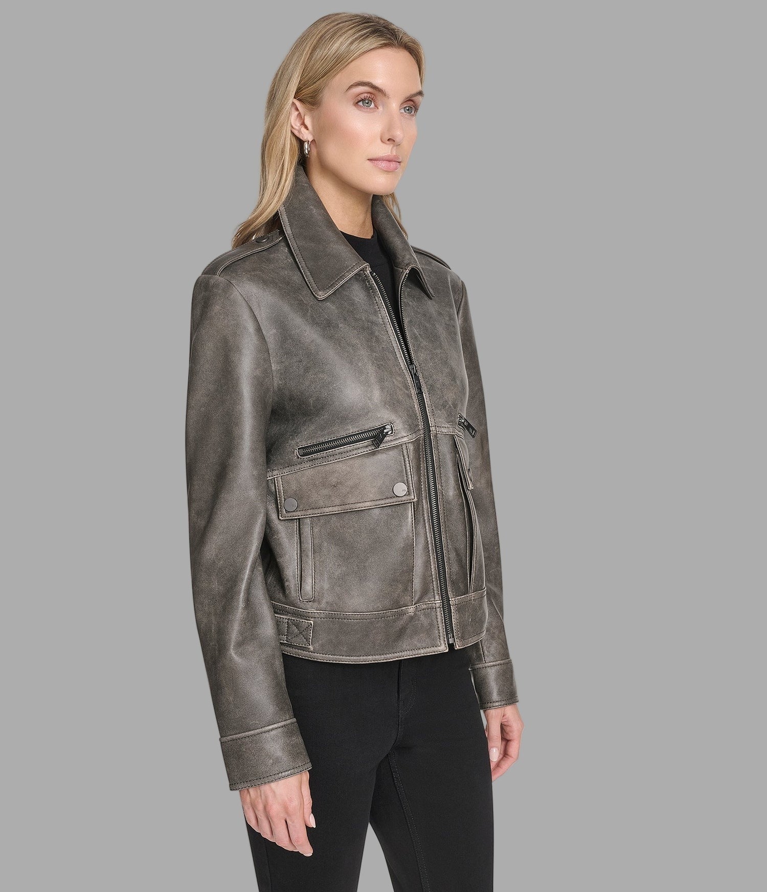 Women's Gray Distressed Harrington Leather Jacket - Arcane Fox