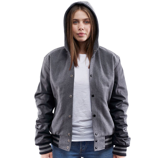 Women's Hooded Letterman Leather Jacket In Gray