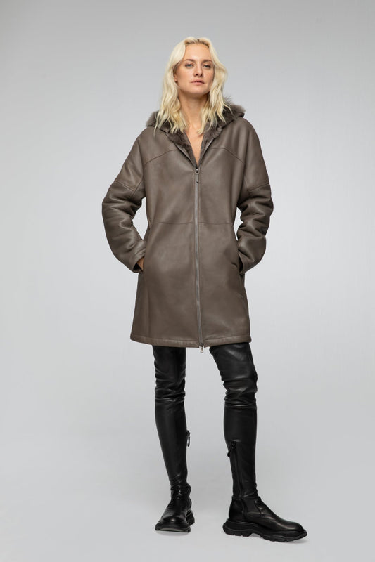 Women's Hooded Shearling Leather Coat In Brown Arcane Fox