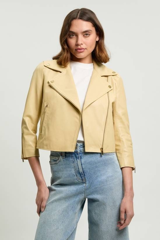 Women's Lemon Biker Leather Jacket With  3/4 Sleeves - Arcane Fox