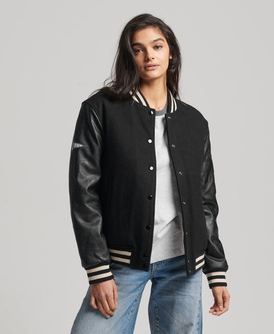 Women's Letterman Bomber Leather Jackets In Black