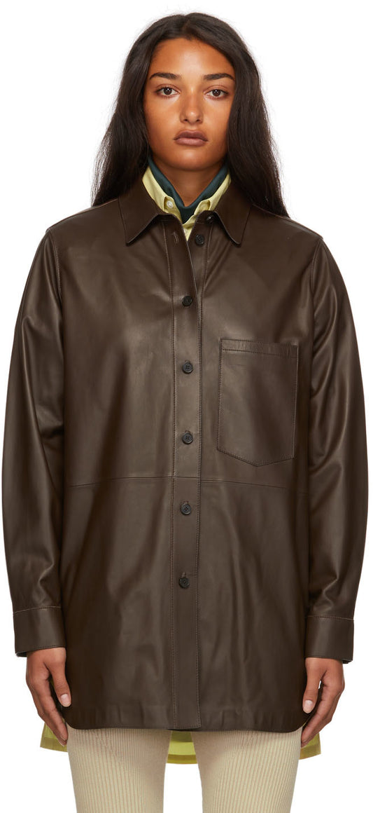 Women's Long Sheepskin Leather Shirt In Dark Brown