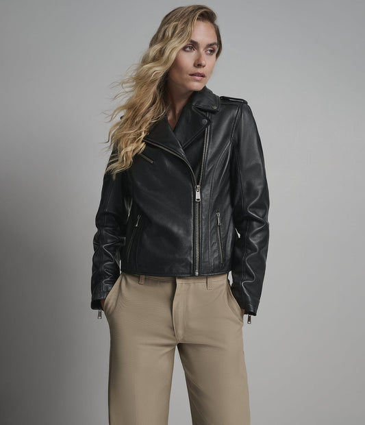 Women's Moto Biker Leather Jacket in Black - Arcane Fox