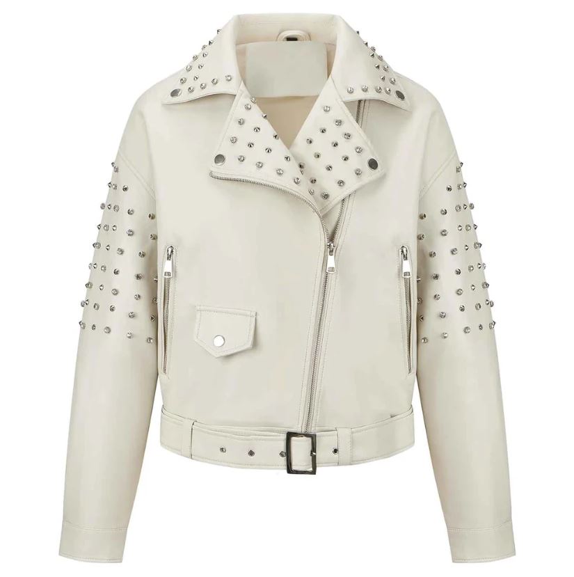 Women's Off White Belted Studded Leather Jacket