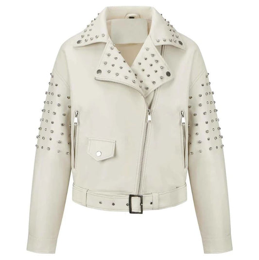 Women's Off White Belted Studded Leather Jacket