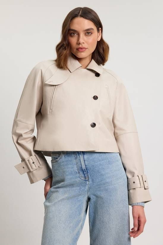 Women's Off White Cropped Leather Jacket - Arcane Fox