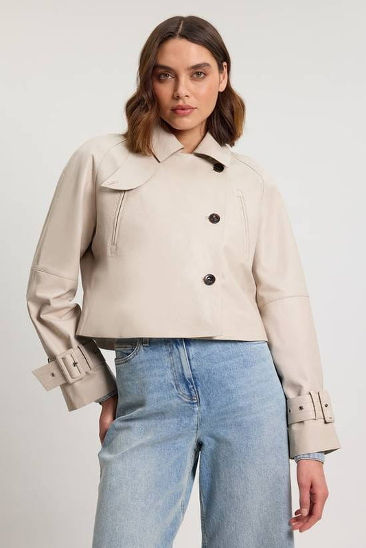 Women's Off White Cropped Leather Jacket - Arcane Fox