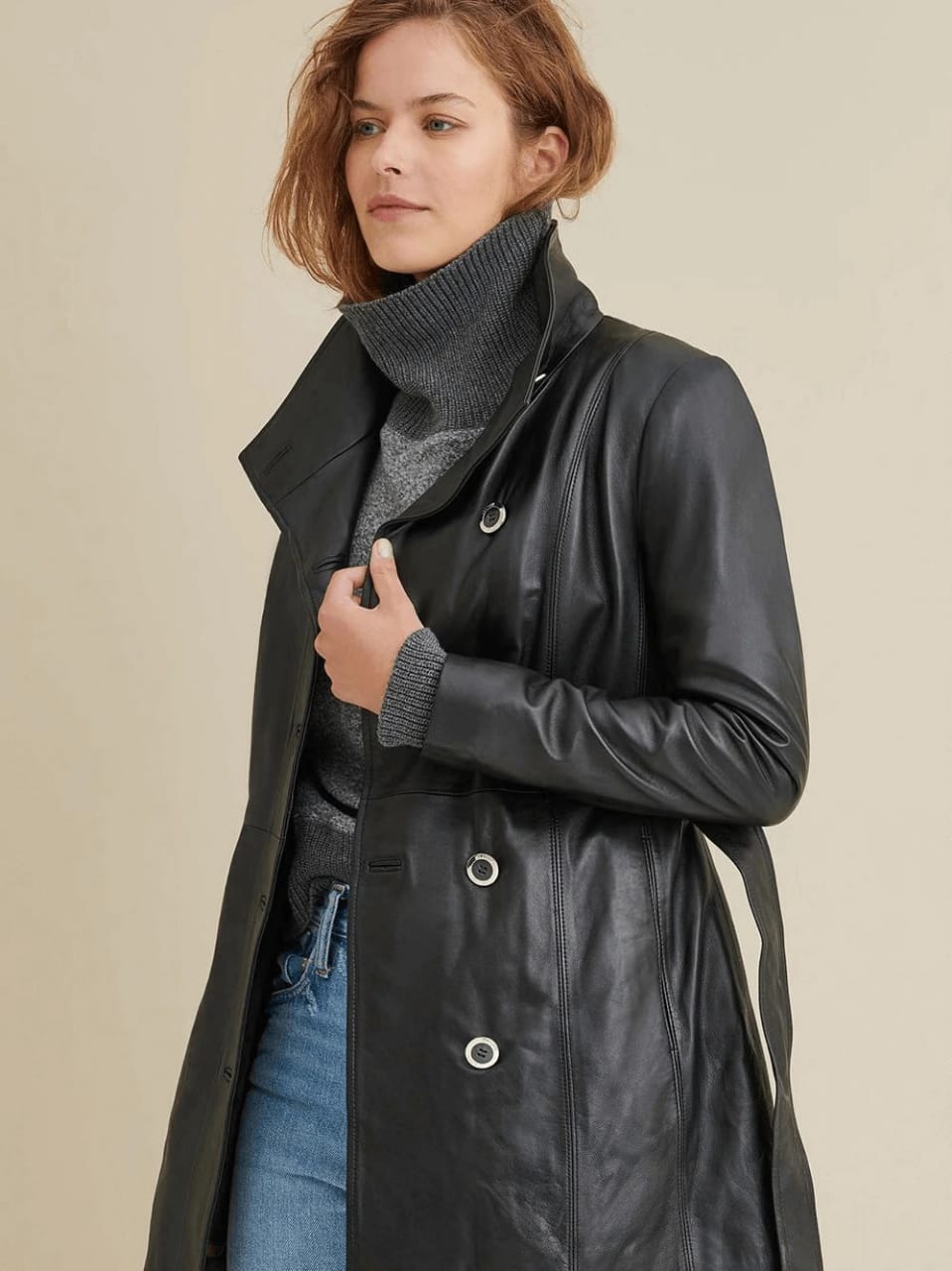 Women's Plain Leather Coat In Black