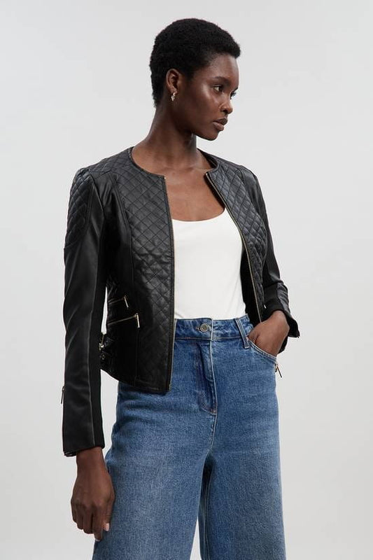 Women's Quilted Black Motorcycle Leather Jacket - Arcane Fox