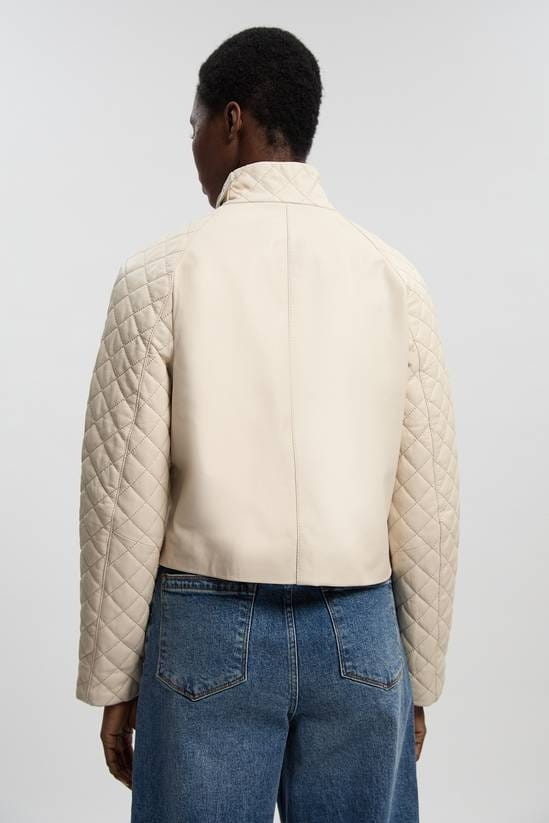 Women's Quilted Cropped Leather Jacket In Off White - Arcane Fox
