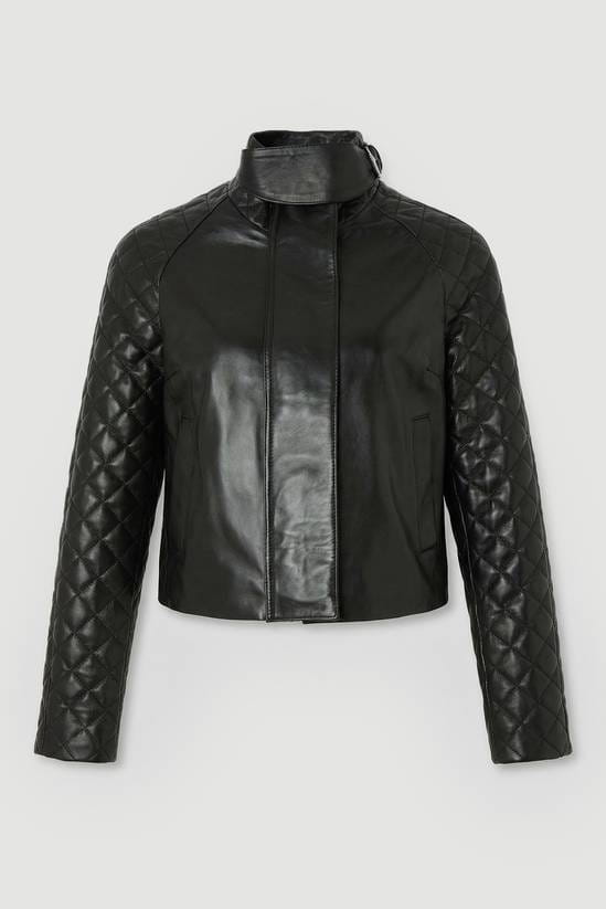 Women's Quilted Sleeves Black Leather Jacket - Arcane Fox
