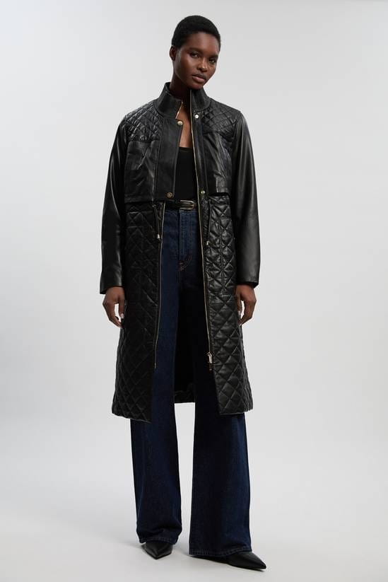 Women's Quilted Trench Black Leather Coat - Arcane Fox