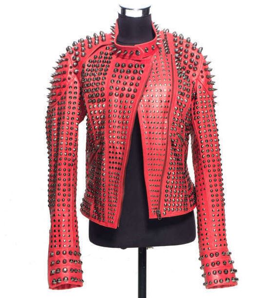 Women's Red Fully Studded Leather Jacket With Belt