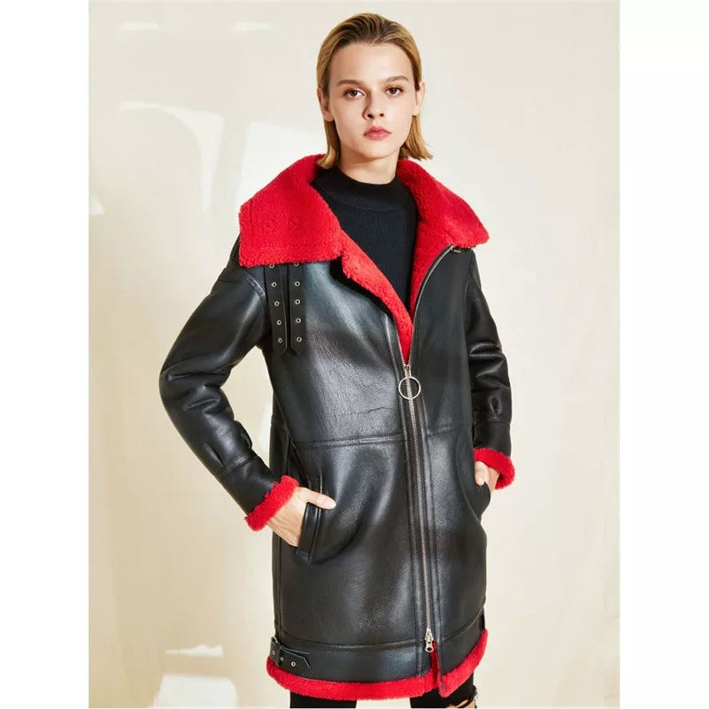 Women's Red Fur Sheepskin Leather Coat In Black