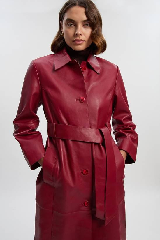 Women's Red Trench Leather Coat With Belted Waist - Arcane Fox