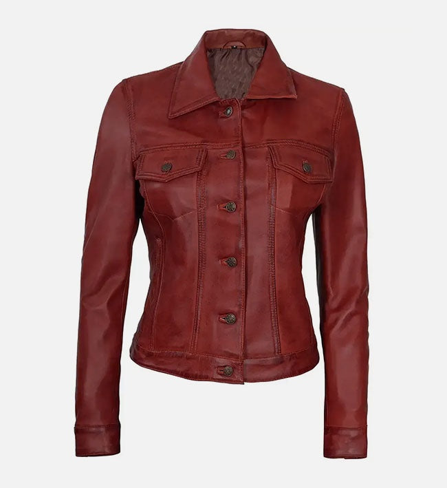 Women's Red Trucker Leather Jacket