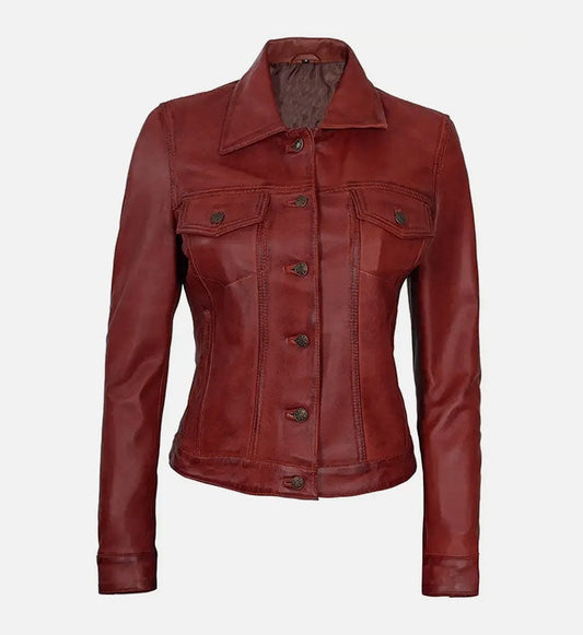 Women's Red Trucker Leather Jacket