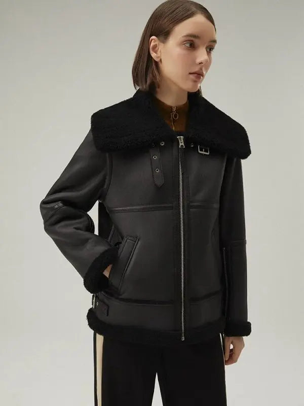 Arcane Fox - Women's Shearling Aviator Leather Jacket In Matte Black