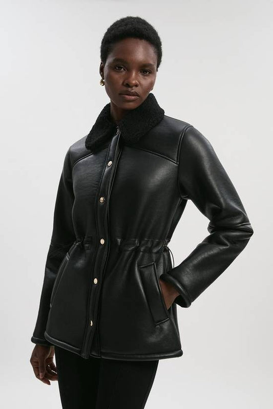 Women's Shearling Black Leather Jacket With Button Closure